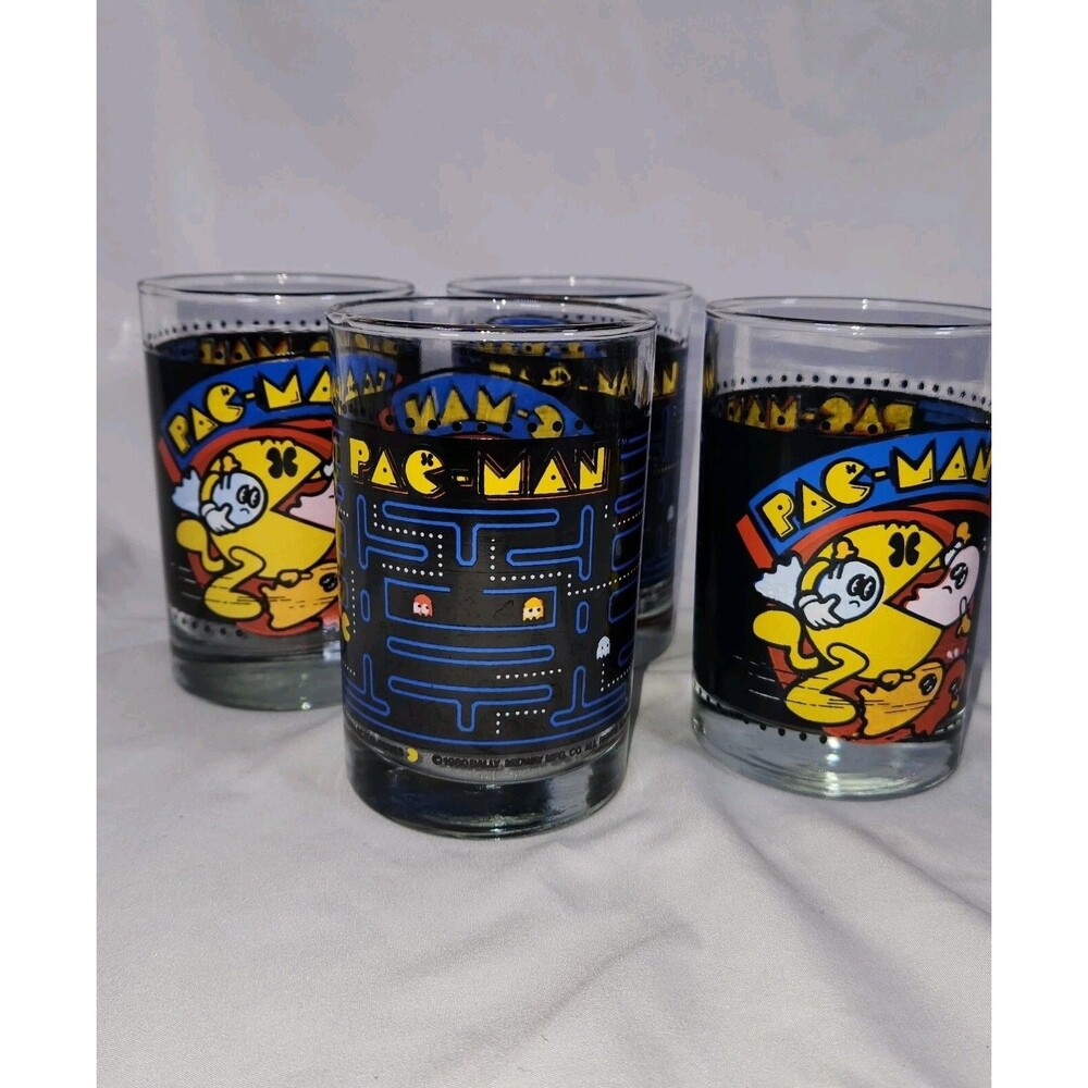 Pac-Man Glass Cups Arby's 1980 Bally Midway Tumbler Glass Mug Set of 4 Vintage.